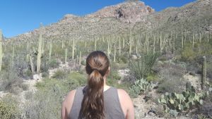 Moi en train d'admirer les cactus Saguaro sur la Pima Canyon Trail, Tucson, Arizona